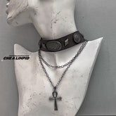 Leather Vintage Double Cross Rivet Punk Necklace