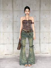 【25s May.】Washed Denim Layered Flare Lace-Up Pants