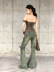 【25s May.】Washed Denim Layered Flare Lace-Up Pants