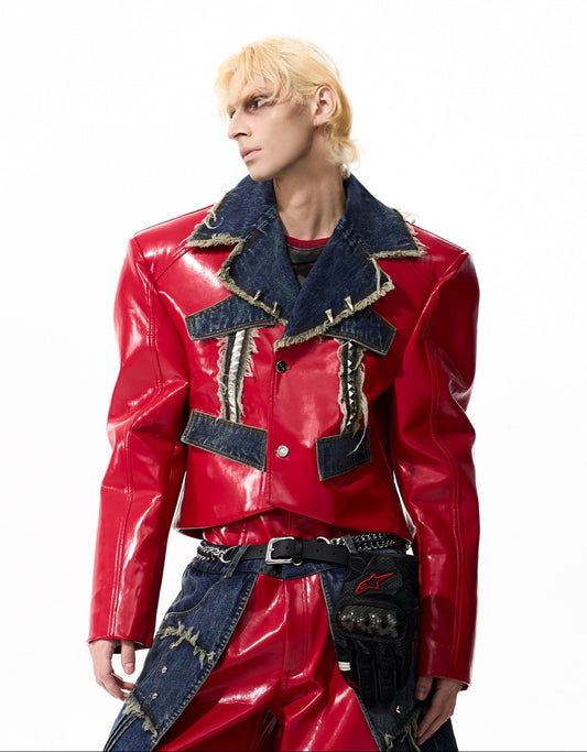 【25s Oct.】Denim Patchwork Red Leather Jacket/Double Waist Leather Pants
