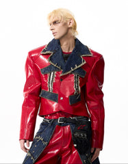 【25s Oct.】Denim Patchwork Red Leather Jacket/Double Waist Leather Pants
