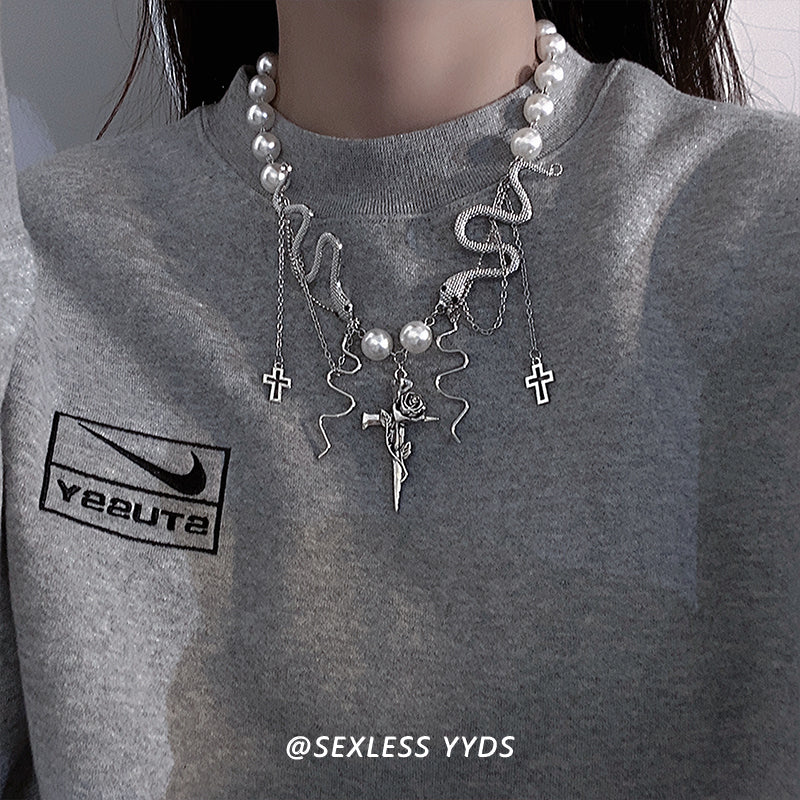 Cross Tassel Pearl Snake Necklace