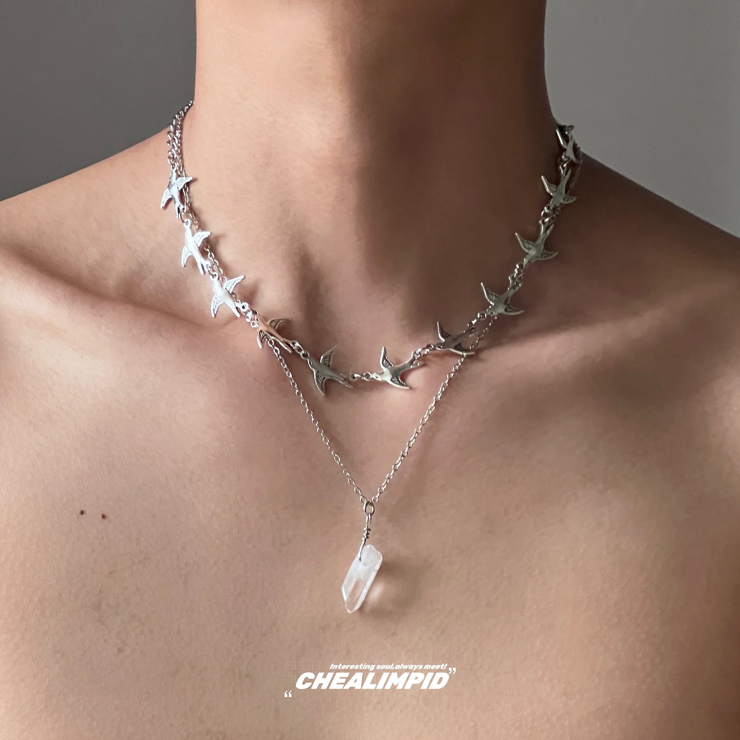 Flying Birds and Stone Double Layer Necklace