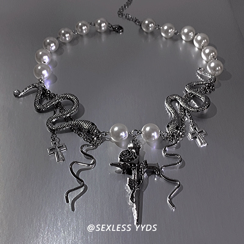 Cross Tassel Pearl Snake Necklace