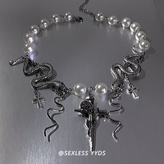 Cross Tassel Pearl Snake Necklace