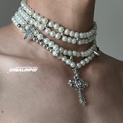 Pearl Layered Cross Necklace ArtsKoreanMan