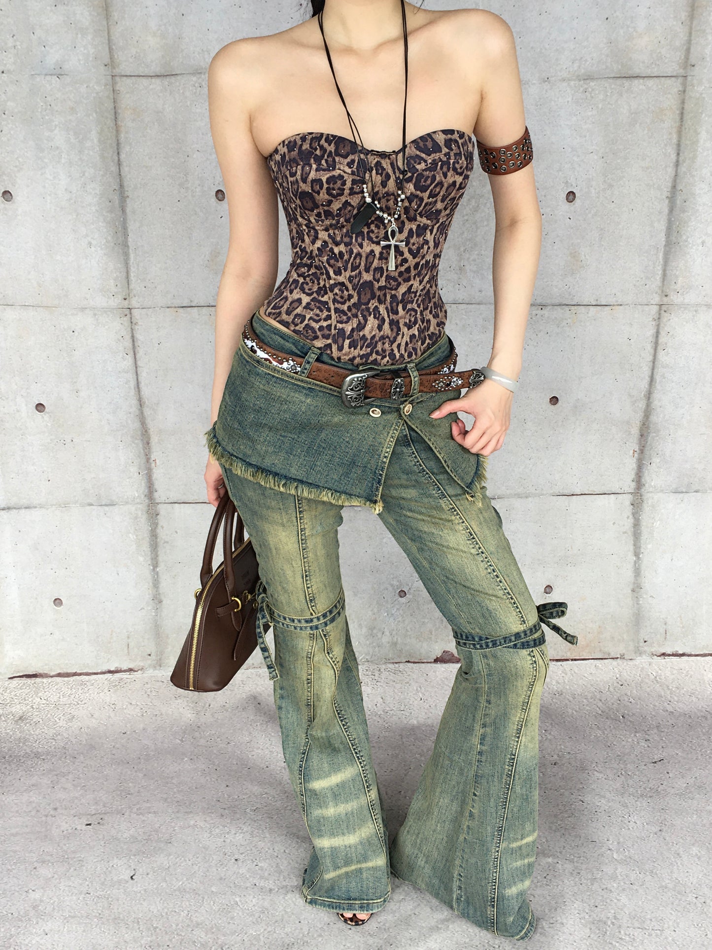 【25s May.】Washed Denim Layered Flare Lace-Up Pants