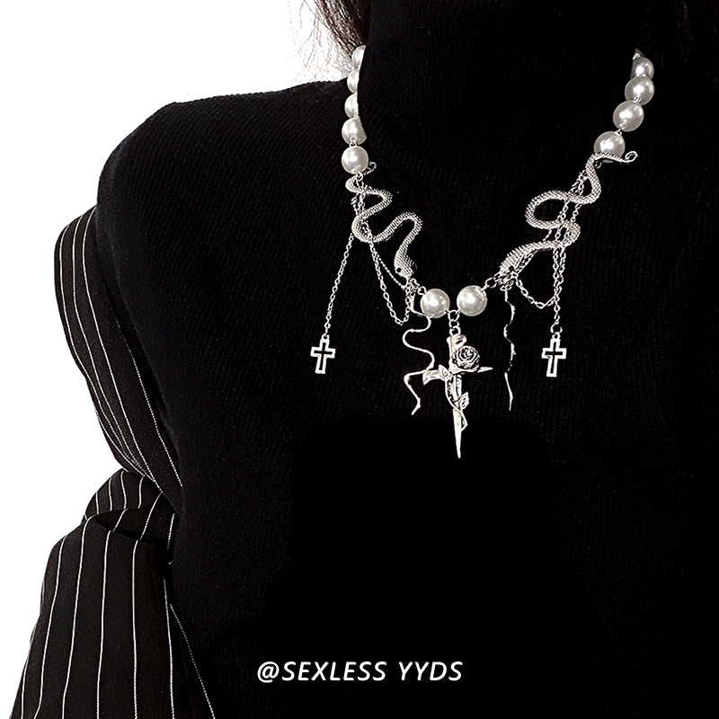 Cross Tassel Pearl Snake Necklace