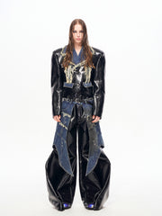 【25s Oct.】Denim Patchwork Red Leather Jacket/Double Waist Leather Pants