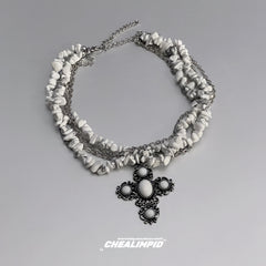 Agate Crushed Cross Layered Wrap Necklace