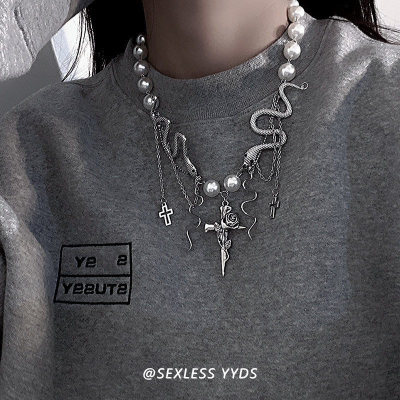 Cross Tassel Pearl Snake Necklace