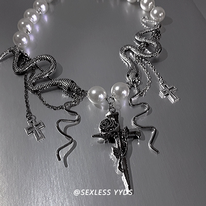Cross Tassel Pearl Snake Necklace