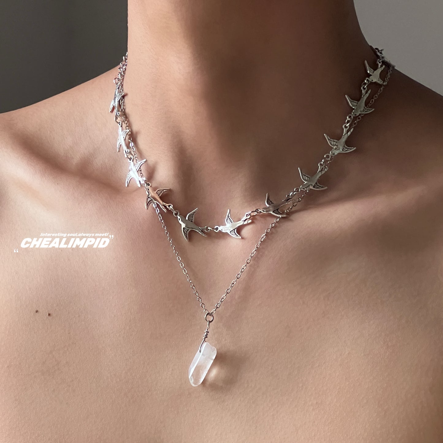 Flying Birds and Stone Double Layer Necklace