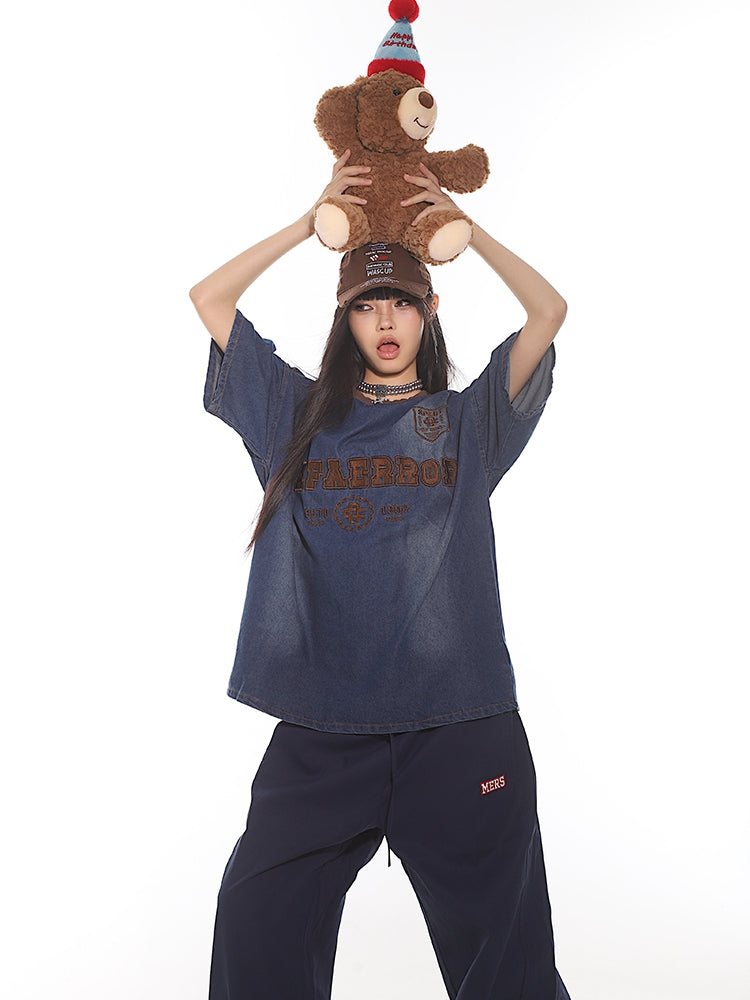 【24s July.】Lettering Embroidered Denim T-Shirt TrendyStyle101