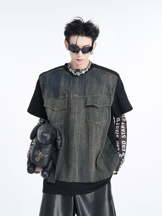【24s Aug.】American Retro Denim Patchwork T-shirt ArtsKoreanMan