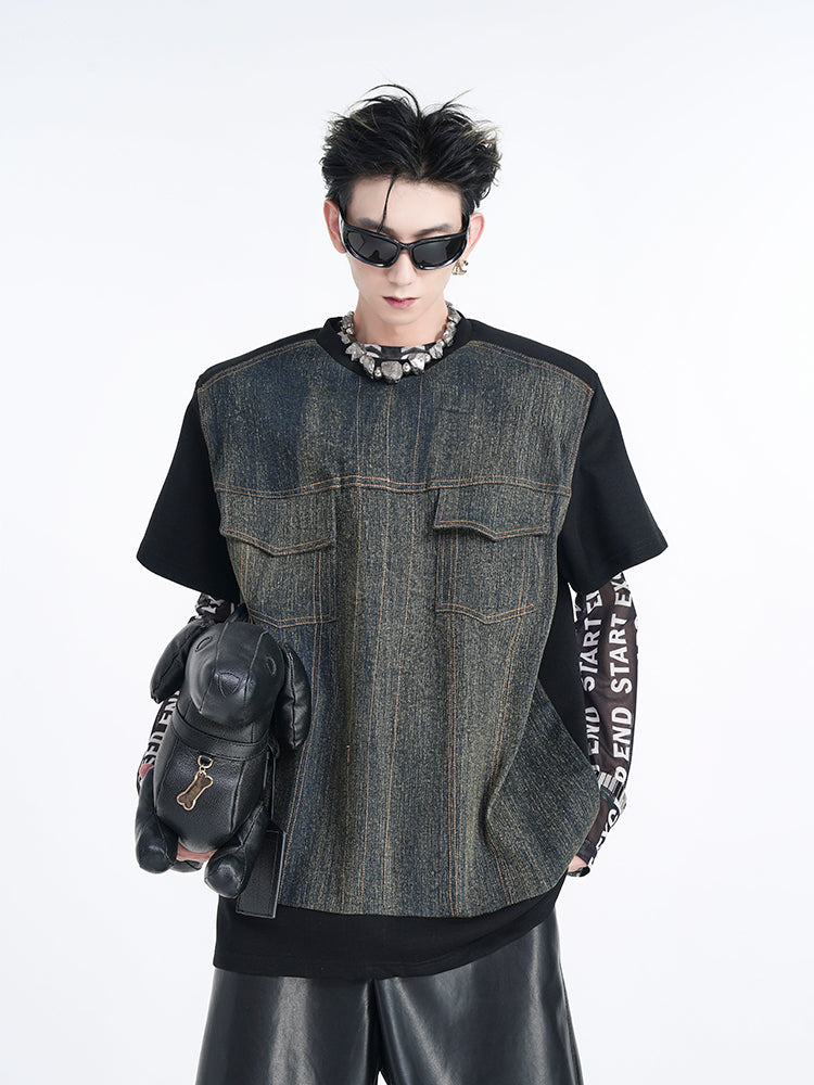 【24s Aug.】American Retro Denim Patchwork T-shirt ArtsKoreanMan