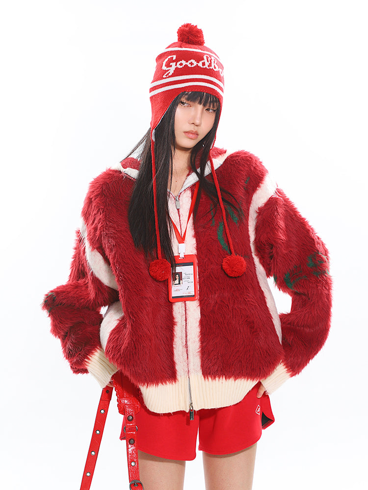 【25s Jan.】Christmas Red and White Stitching Embroidered Hooded Sweater