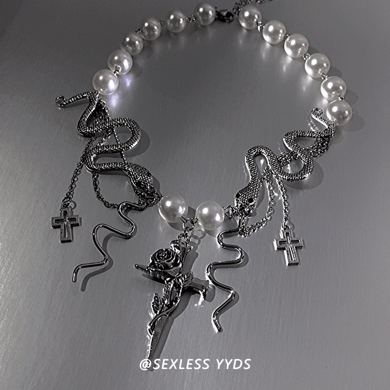 Cross Tassel Pearl Snake Necklace