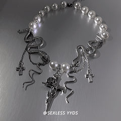 Cross Tassel Pearl Snake Necklace