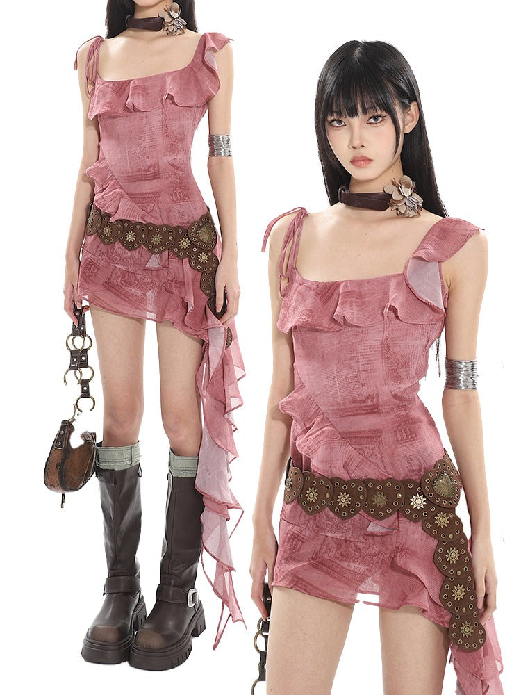 【24s July.】Printed Ruffled Suspender Dress TrendyStyle101