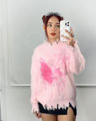 【23s December.】Butterfly Rhinestone Distressed Loose Sweater ArtsKoreanMan
