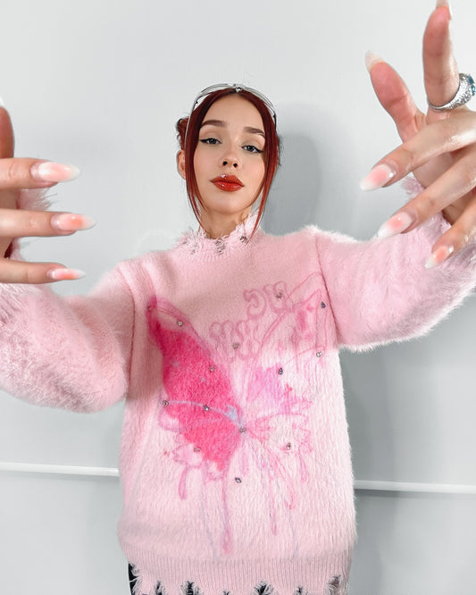 【23s December.】Butterfly Rhinestone Distressed Loose Sweater ArtsKoreanMan
