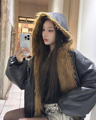 Reversible Fur Hooded Thick Leather Jacket