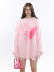 【23s December.】Butterfly Rhinestone Distressed Loose Sweater ArtsKoreanMan