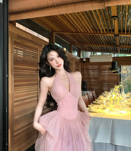 【25s Apr.】French Halter V-Neck Corset Waist Dress