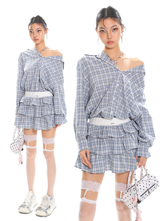 【25s Apr.】Vintage Plaid Loose-Fit Two-Piece Skirt Set