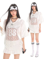 【25s June.】Lace Trim Rhinestone Sporty T-shirt