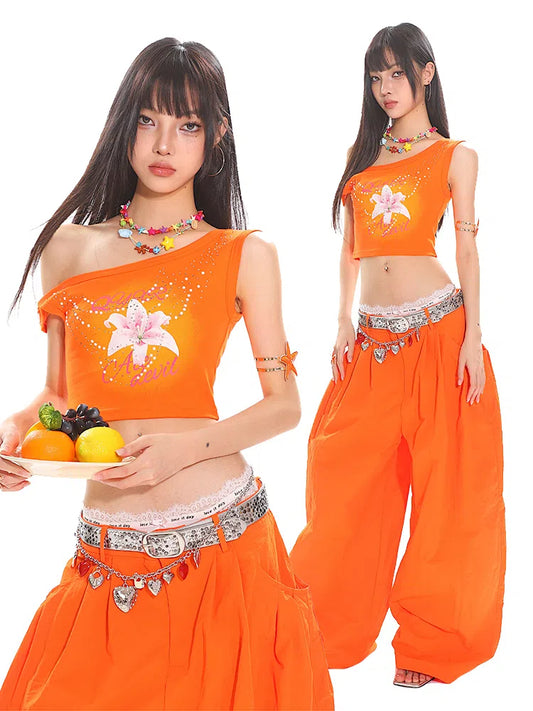 【25s June.】Floral Rhinestone Asymmetric Crop Top