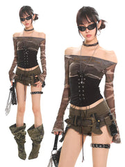 【25s Jun.】Mesh Cinched Tie Street Off-Shoulder Top