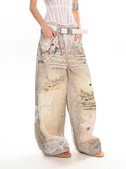 【25s Jun.】Burnout Lace Print Chain Detail Jeans