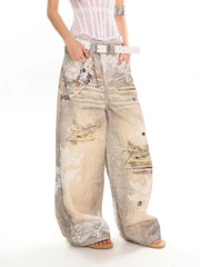 【25s Jun.】Burnout Lace Print Chain Detail Jeans