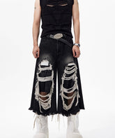【25s Jul.】Distressed Patchwork Black Cropped Denim Pants