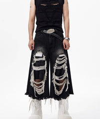 【25s Jul.】Distressed Patchwork Black Cropped Denim Pants