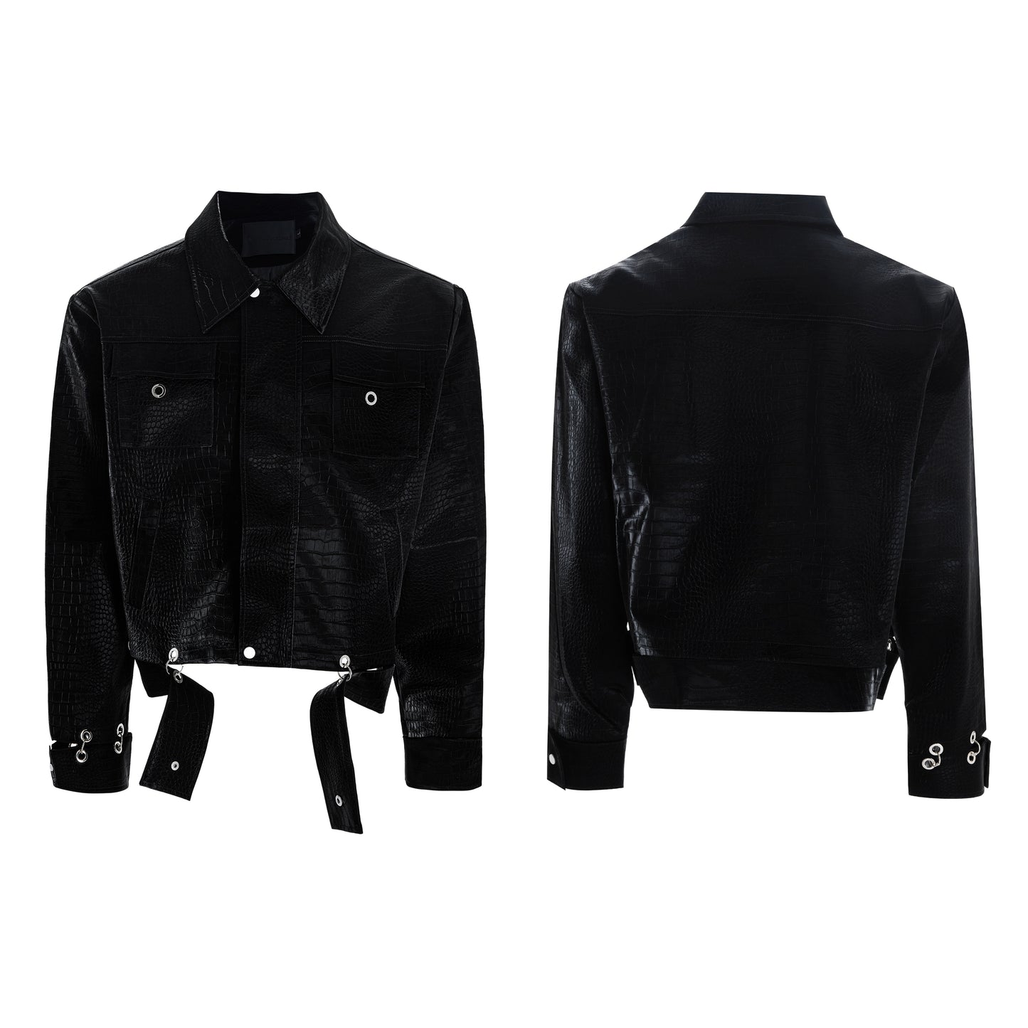 【25s Aug.】Metal-Panel Cropped Croc Leather Jacket