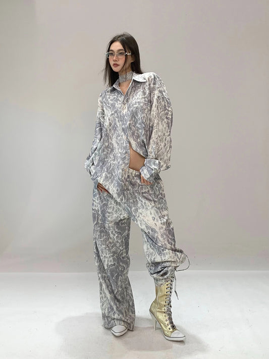 【25s Aug.】Snake Print Casual Shirt / Straight Pants