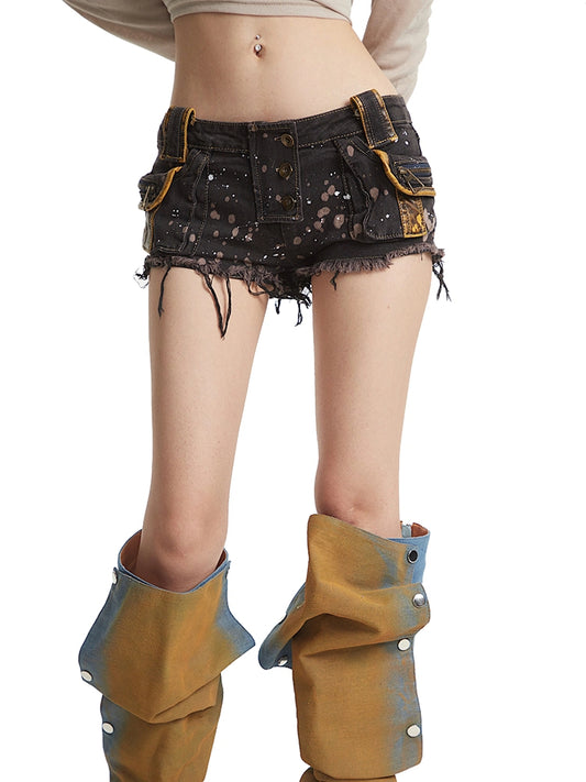 【25s Aug.】Raw Hem Patchwork Leather Denim Shorts