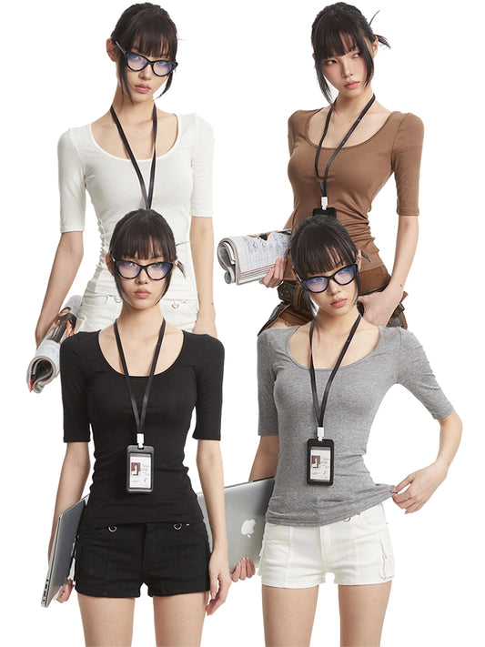 【25s Aug.】Black U-Neck Structured Shoulder Casual T-Shirt