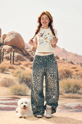 【25s Aug.】Washed Blue Leopard Embroidered Flared Jeans