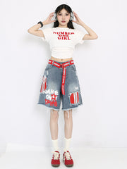 【25s Aug.】Vintage Striped Patchwork Distressed Denim Shorts