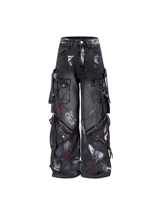【25s Aug.】Graffiti Multi-Pocket Loose Draped Wide-Leg Jeans