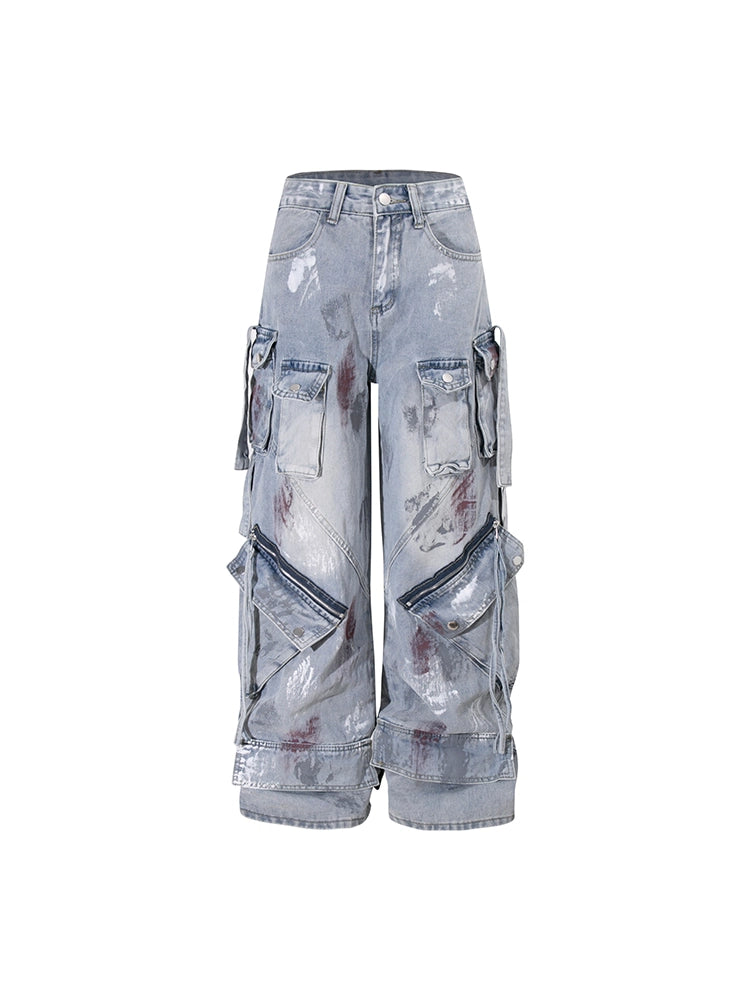 【25s Aug.】Graffiti Multi-Pocket Loose Draped Wide-Leg Jeans