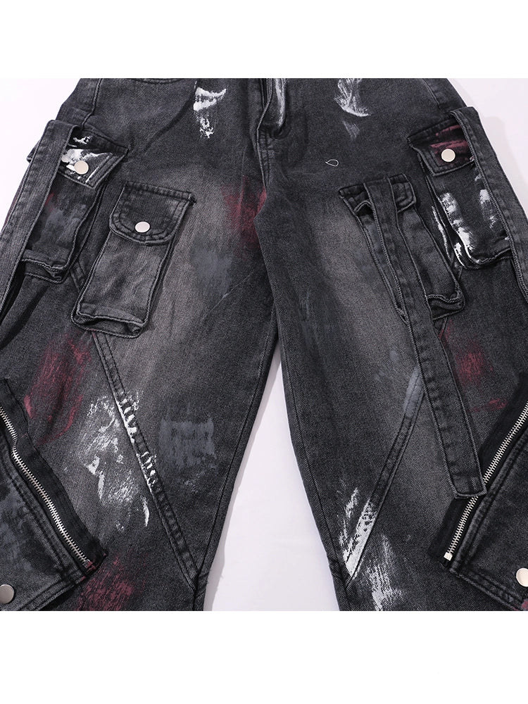 【25s Aug.】Graffiti Multi-Pocket Loose Draped Wide-Leg Jeans