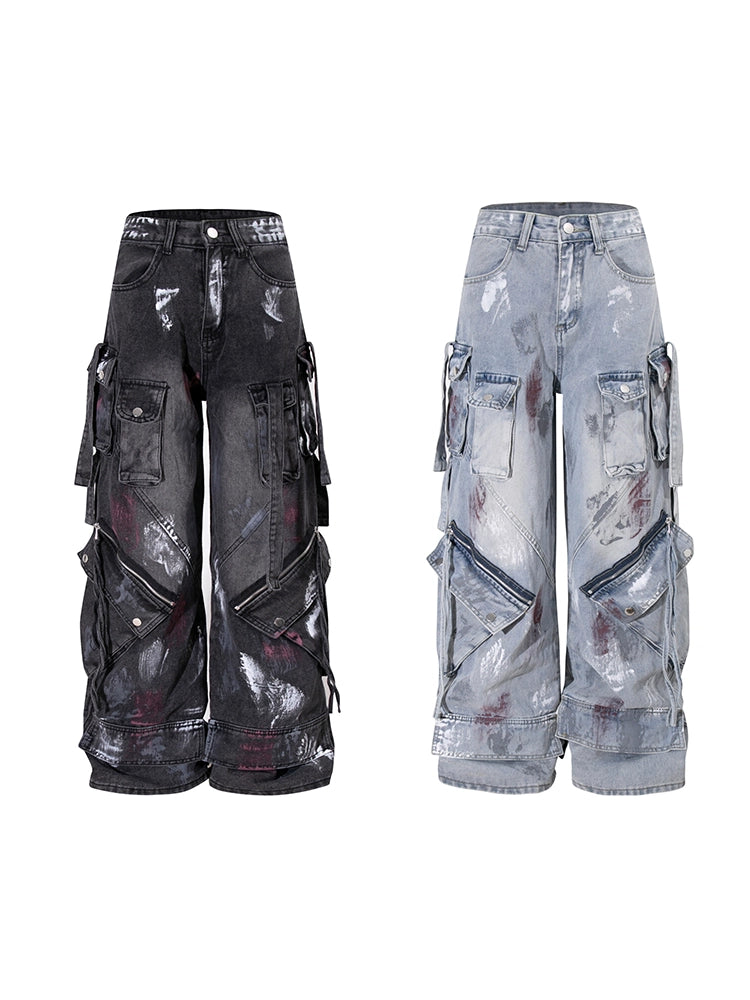 【25s Aug.】Graffiti Multi-Pocket Loose Draped Wide-Leg Jeans