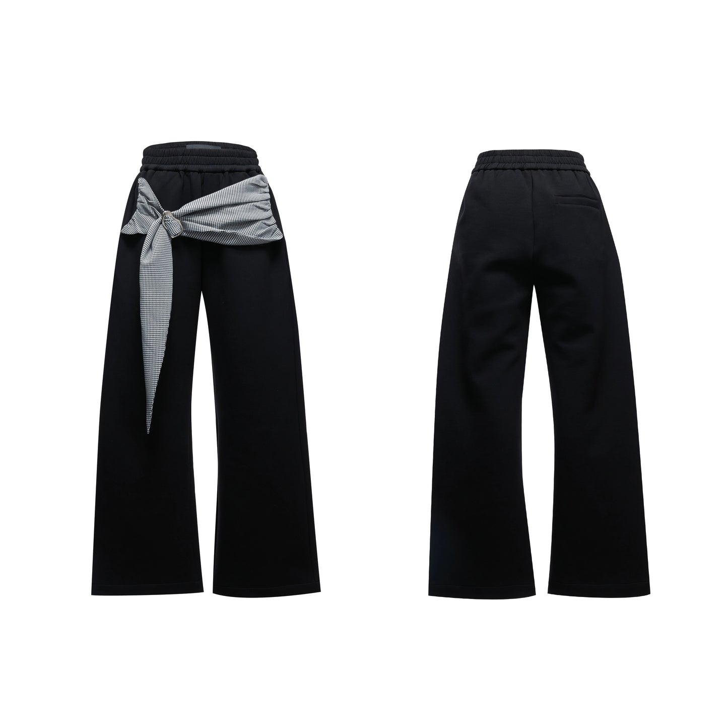 【25s Aug.】Black and White V-Neck Contrast Jacket with Drawstring Flowing Pants Set