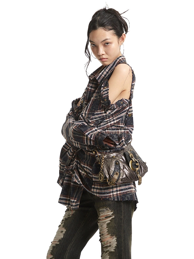 【25s Sep.】Zip-Up Hollow Plaid Loose Shirt
