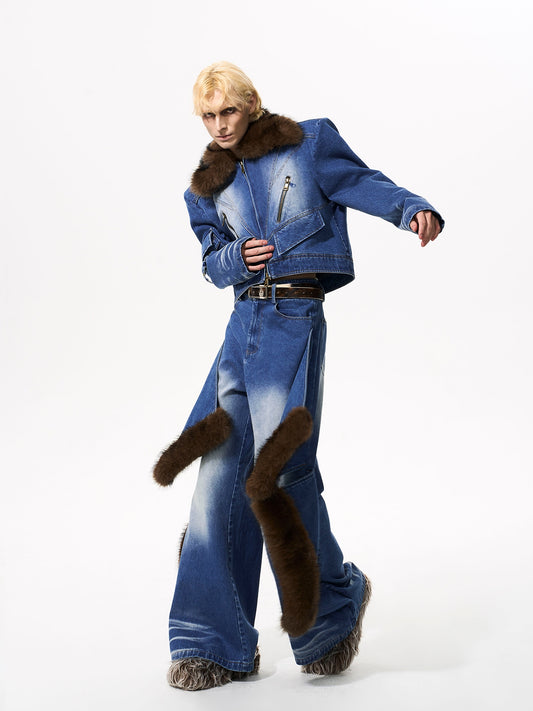 【25s Oct.】Plush Patchwork Denim Distressed Design Jacket / Jeans